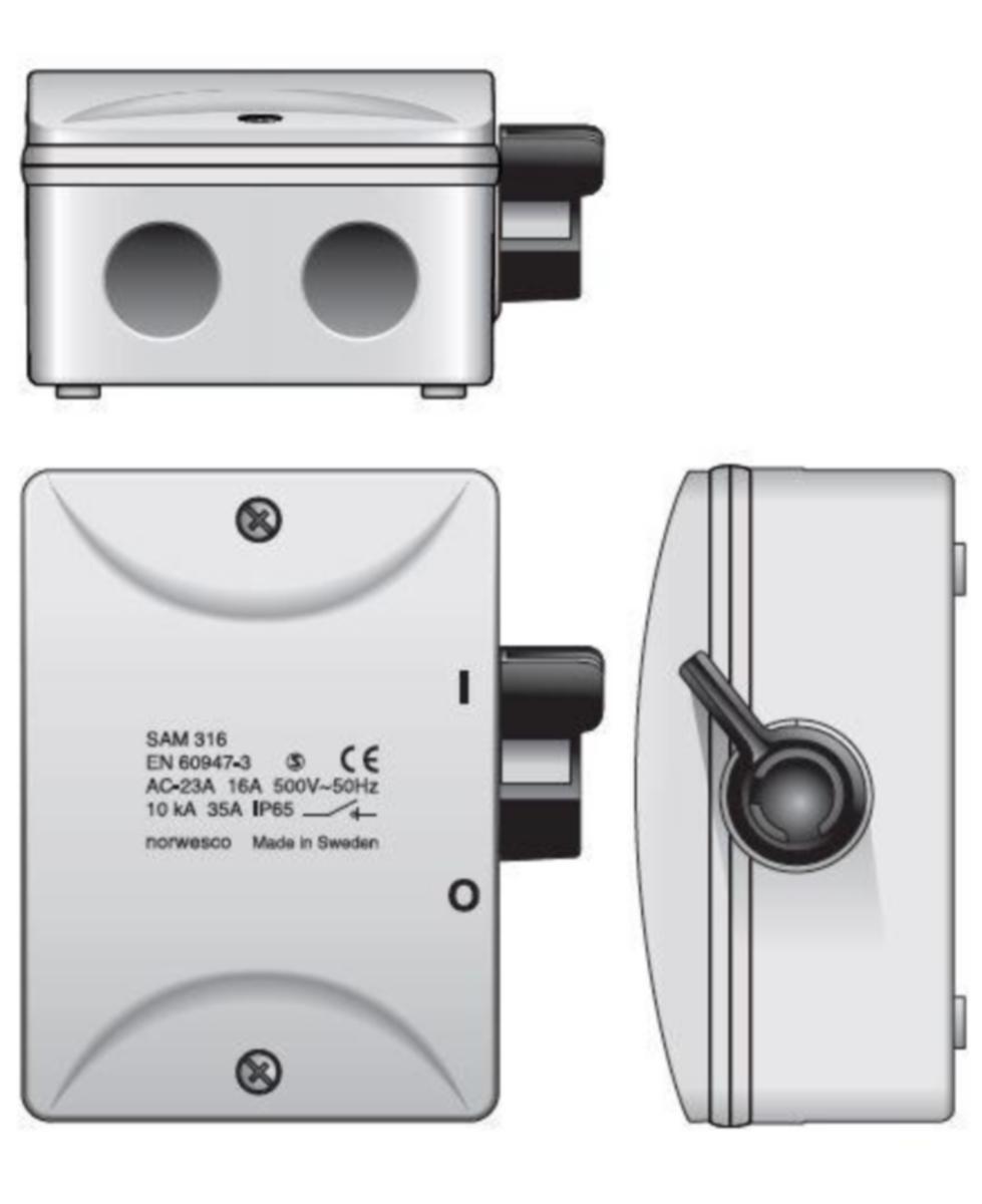 Säkerhetsbrytare vippa Norwesco SAM 16A/M25 - SÄKERHETSBRYTARE NORWESCO SAM316 3x16A 7.5kW IP65