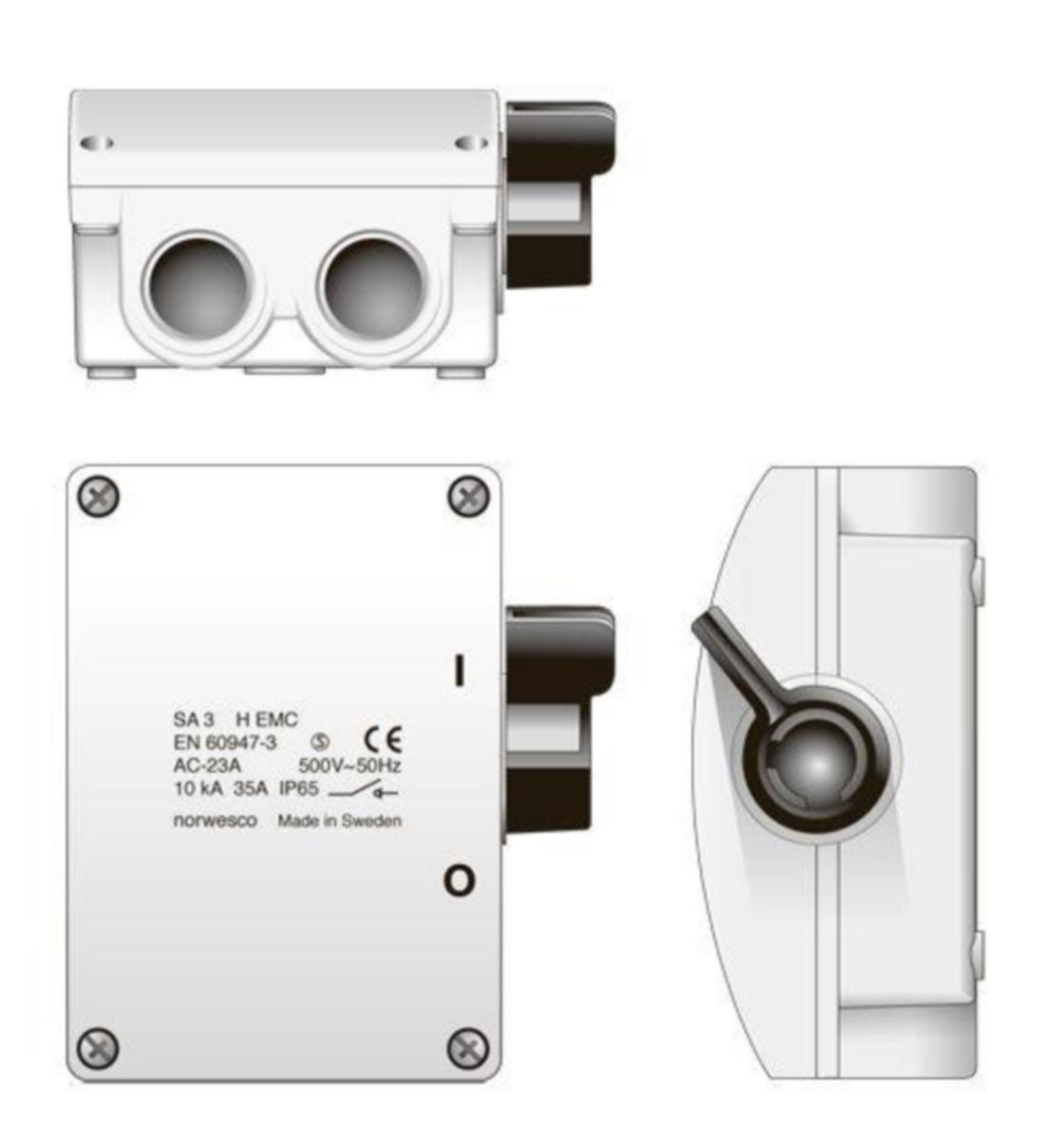 Säkerhetsbrytare vippa EMC Norwesco 16A/M25 ja 25A/M25 - SÄKERHETSBRYTARE EMC NORWESCO SA316H 3x16A+HKONT 7.5kW IP54